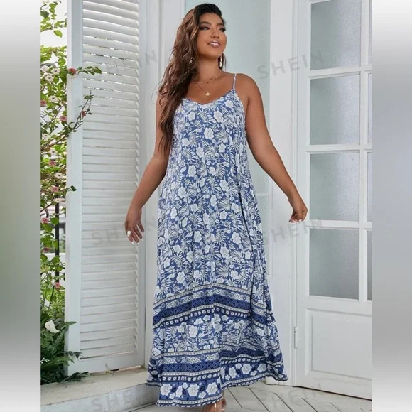 💙SHEIN NEW!! BOHO BLUE SND WHITE SPAGHETTI STRAP FLOWY MAXI SUMMER DRESS - Picture 3 of 11